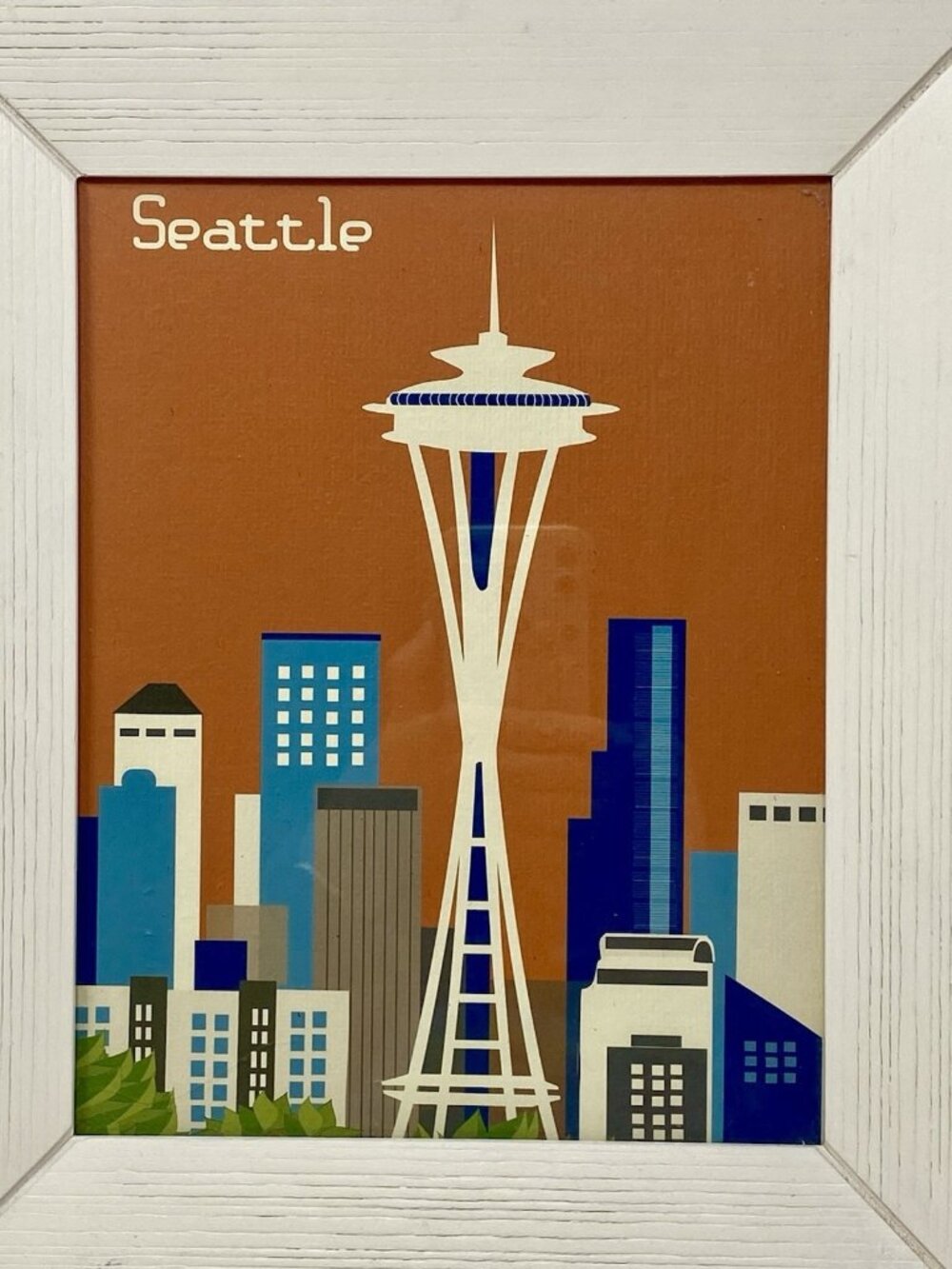 Seattle Skyline Space Needle Art Deco Retro Framed Print 12.5x 10.5” Home Decor